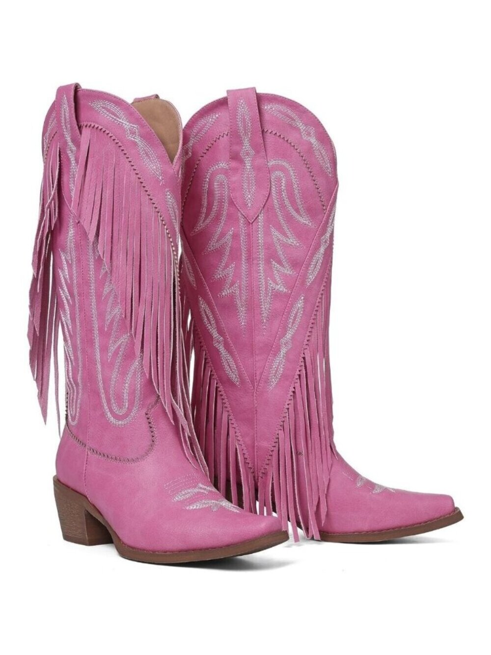 Women's Pink Classic Embroidery Pointed Toe Fringe Knee High Cowgirl Boot